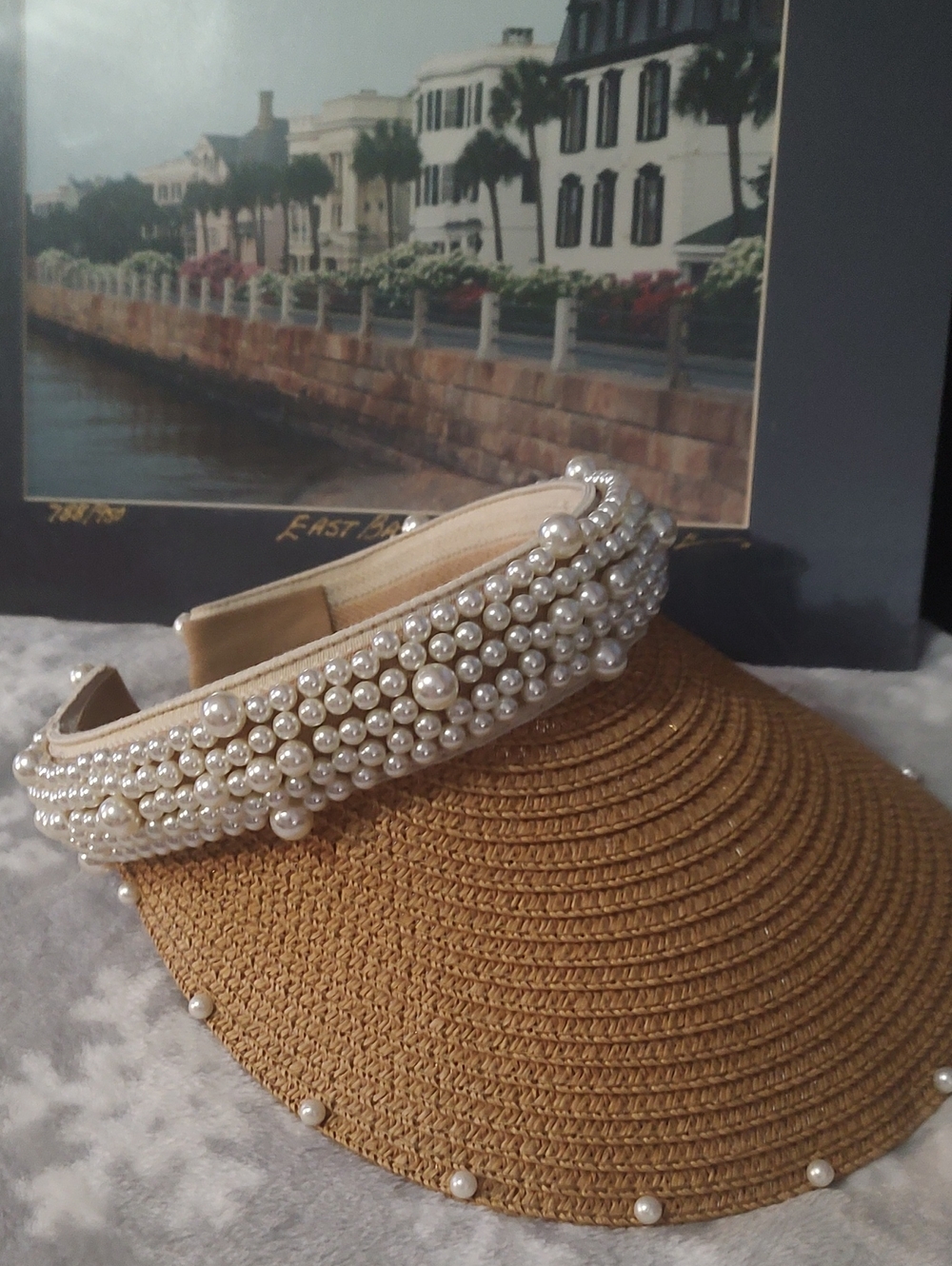 Pearl-Embellished Straw Visor - Tan